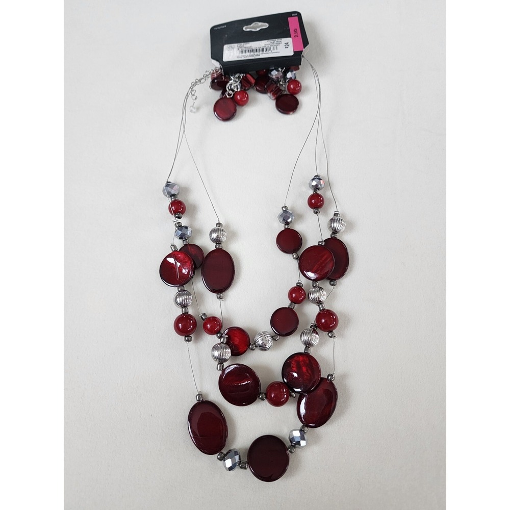 New MIXIT JCP Red Shell Faceted Gray Bead Silver Tone Layered Necklace FREE $HIP - Picture 3 of 9